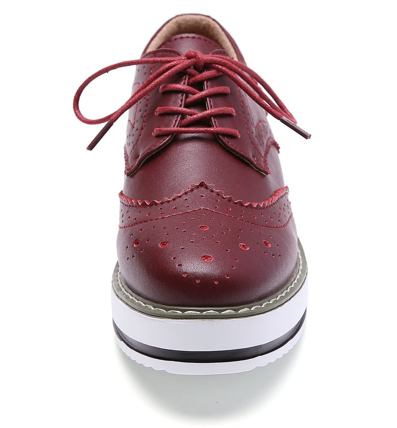 DADAWEN Women's Platform Lace-Up Wingtips Square Toe Oxfords Shoe Wine Red Leather US Size 5/Asia Size 35/22.5cm - Image 4